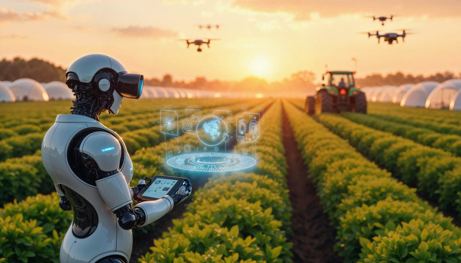 robot-farming-with-drones-field-sunset